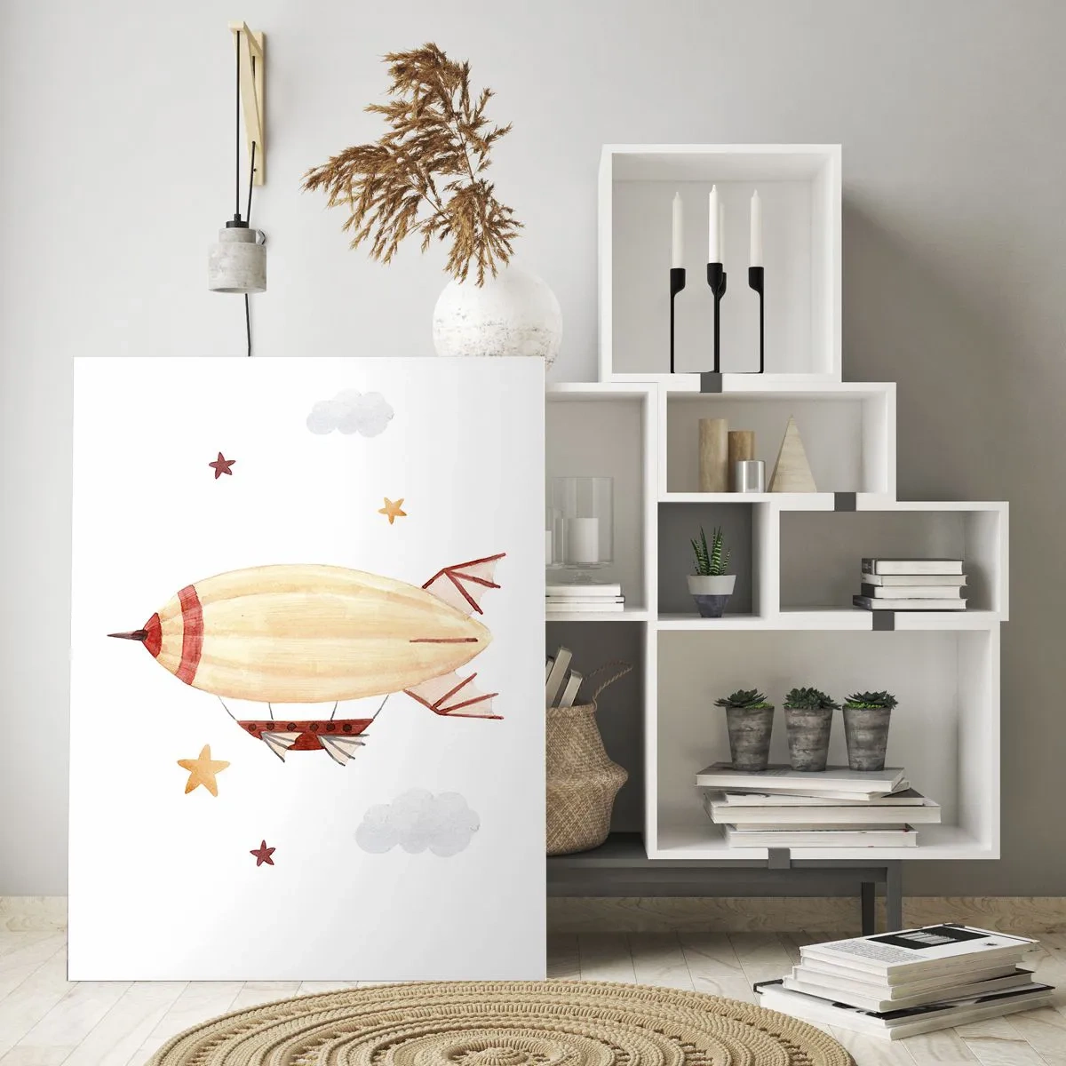 Impression sur verre - Image sur verre - Un dirigeable de dessin animé parmi les étoiles sur fond blanc - 50x70cm - Dirigeable - Décoration murale moderne pour le salon et la chambre ARTTOR