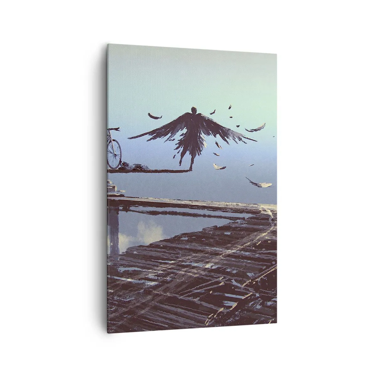 Impression sur toile - Image sur toile - Une silhouette avec des plumes plane au-dessus d'un pont en bois à côté d'un vélo. - 80x120cm - Icare est toujours vivant - Décoration murale moderne pour le salon et la chambre ARTTOR