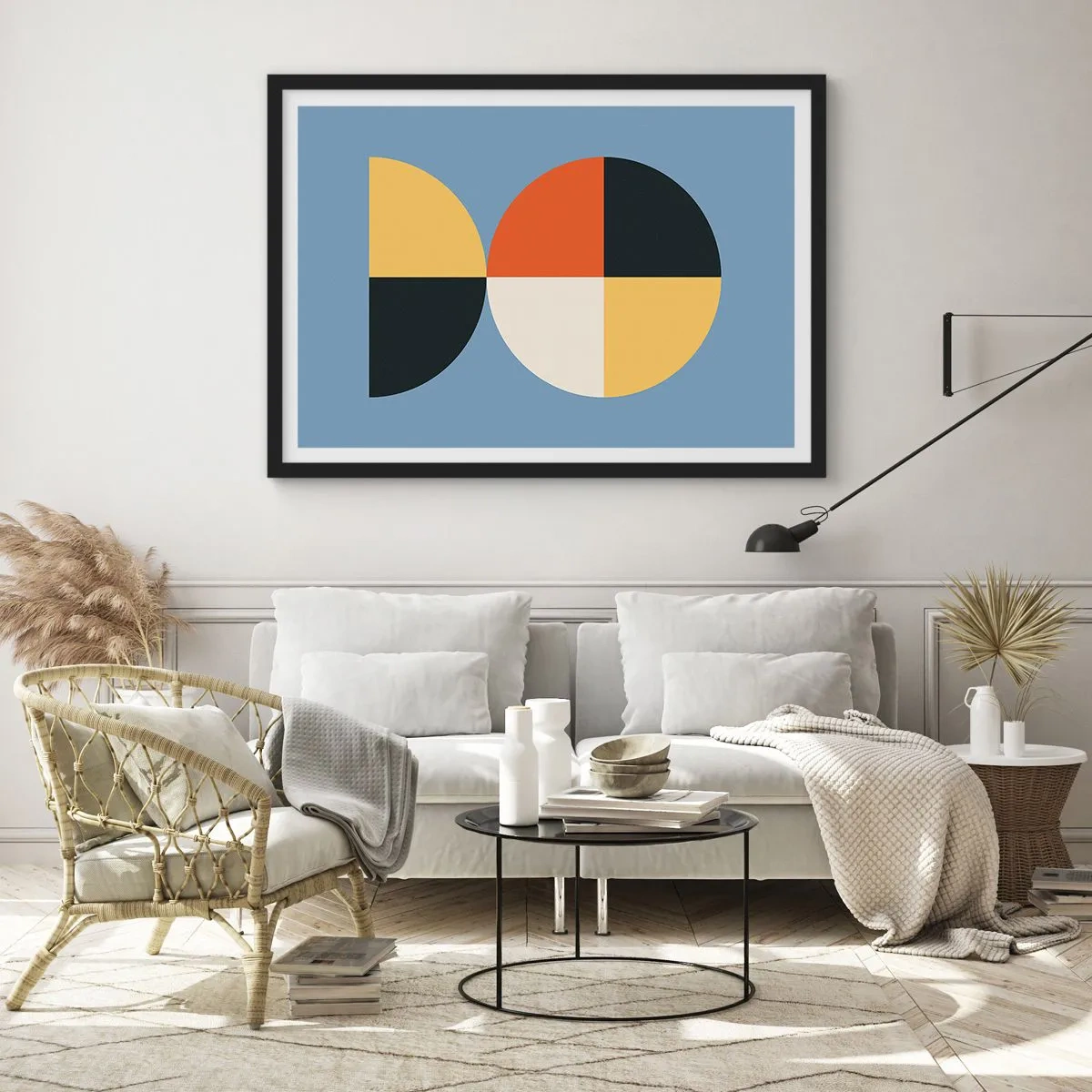 Affiche dans un cadre noir - Poster - Cercles géométriques sur fond bleu - 70x50cm - Regarde et compte - Décoration murale moderne pour le salon et la chambre ARTTOR