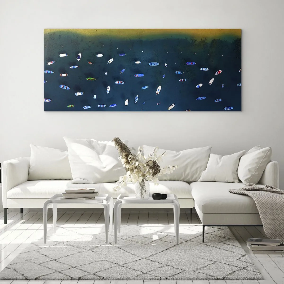 Impression sur verre - Image sur verre - Vue aérienne de bateaux sur l'eau et d'un rivage sablonneux - 140x50cm - Jeu de vacances - Décoration murale moderne pour le salon et la chambre ARTTOR