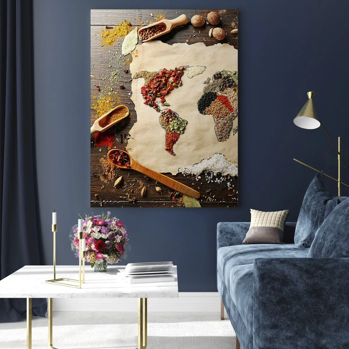 Impression sur verre - Image sur verre - Une carte du monde faite d'épices sur un fond en bois. - 80x120cm - Toutes les saveurs du monde - Décoration murale moderne pour le salon et la chambre ARTTOR