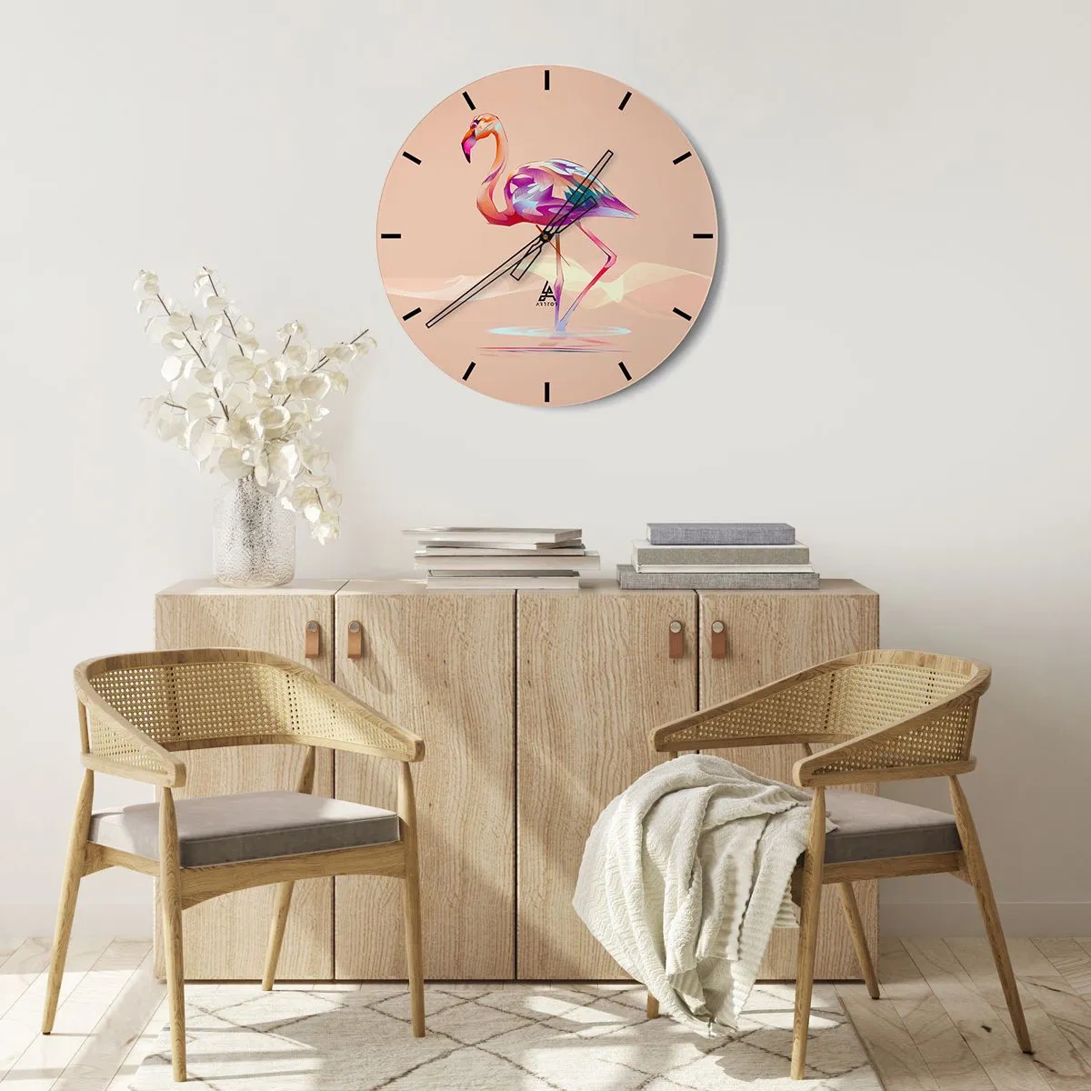 Horloge murale - Pendule murale - Flamant rose à motif géométrique sur fond beige - 30x30cm - L'oiseau des bonnes émotions - Décoration murale moderne pour le salon, la cuisine et la chambre ARTTOR