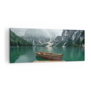 Impression sur toile - Image sur toile - Un bateau en bois sur un quai sur un lac entouré de montagnes - 120x50cm - Faire face à la fierté des rochers - Décoration murale moderne pour le salon et la chambre ARTTOR