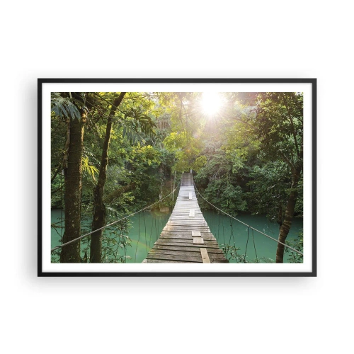 Affiche dans un cadre noir - Poster - Un pont suspendu dans une forêt tropicale illuminée par la lumière du soleil. - 100x70cm - De l'eau azur à la forêt azur - Décoration murale moderne pour le salon et la chambre ARTTOR