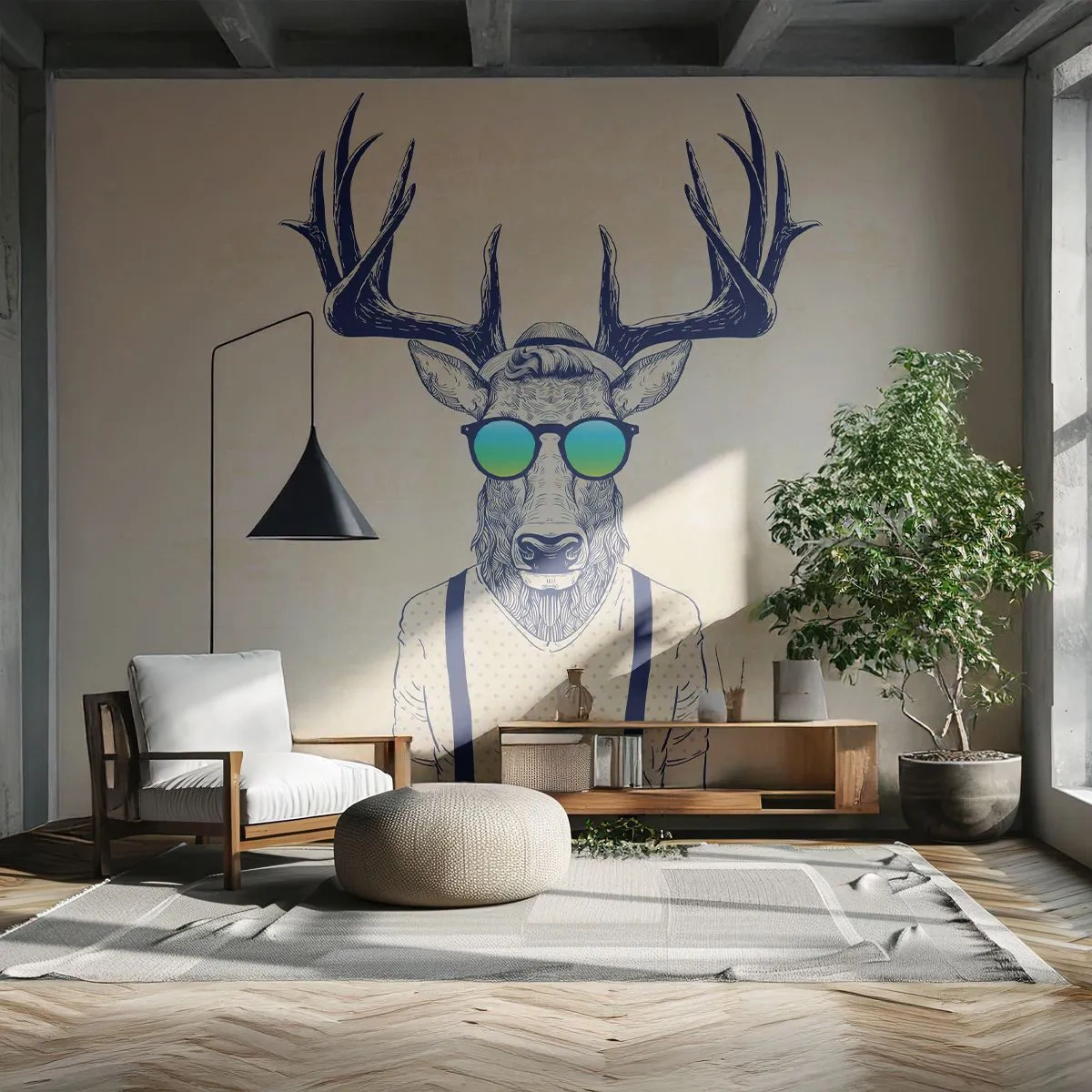 Papier Peint Photo Premium Sand - Cerf hipster avec lunettes de soleil et bretelles - 100x70cm - A qui vous attendiez-vous ? - Décoration murale moderne pour le salon et la chambre ARTTOR