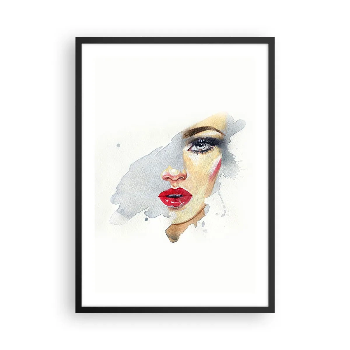 Affiche dans un cadre noir - Poster - Portrait à l'aquarelle d'une femme aux lèvres rouges - 50x70cm - Reflet dans une goutte d'eau - Décoration murale moderne pour le salon et la chambre ARTTOR