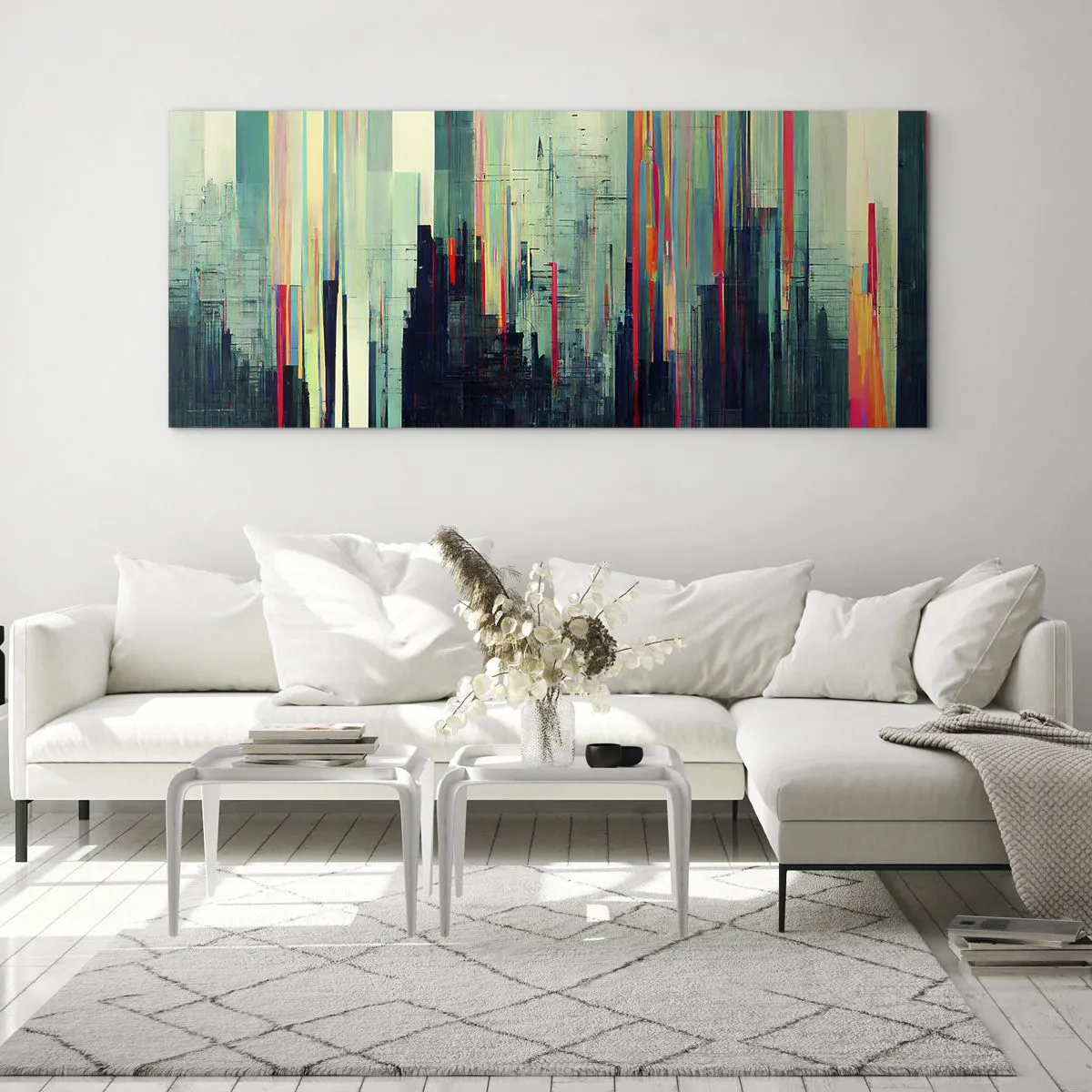 Impression sur verre - Image sur verre - Abstraction avec des lignes verticales et un horizon urbain - 160x50cm - Ville futuriste - Décoration murale moderne pour le salon et la chambre ARTTOR