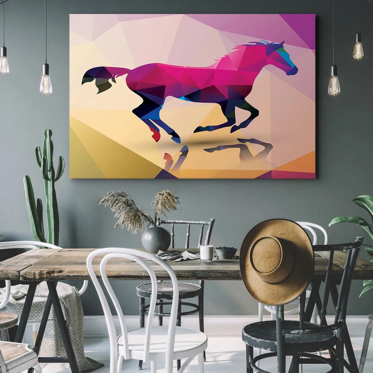 Impression sur toile - Image sur toile - Silhouette géométrique d'un cheval au galop aux couleurs vives - 120x80cm - Le cubisme toujours vivant - Décoration murale moderne pour le salon et la chambre ARTTOR