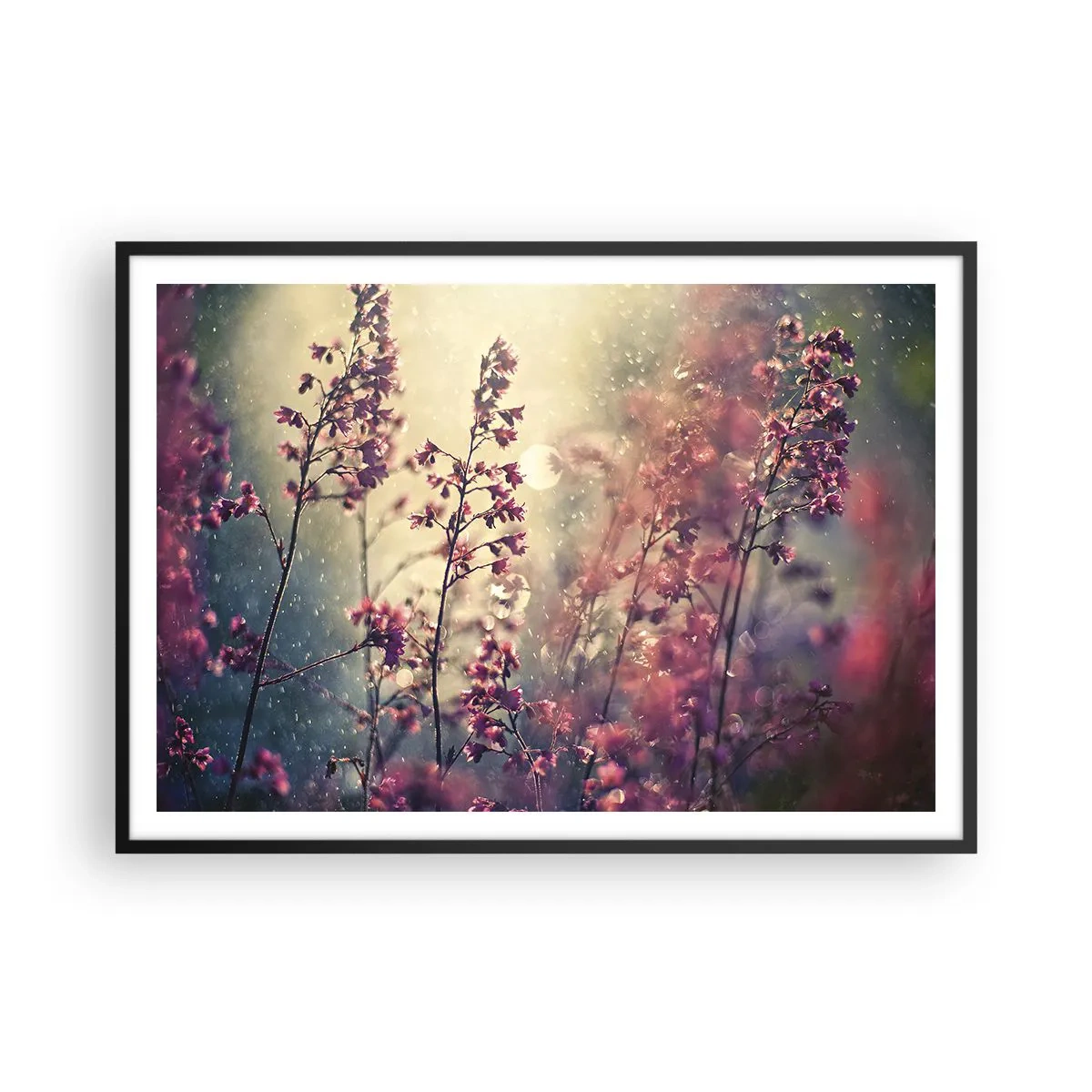Affiche dans un cadre noir - Poster - Fleurs au soleil sur fond de nature - 100x70cm - Jardin secret - Décoration murale moderne pour le salon et la chambre ARTTOR