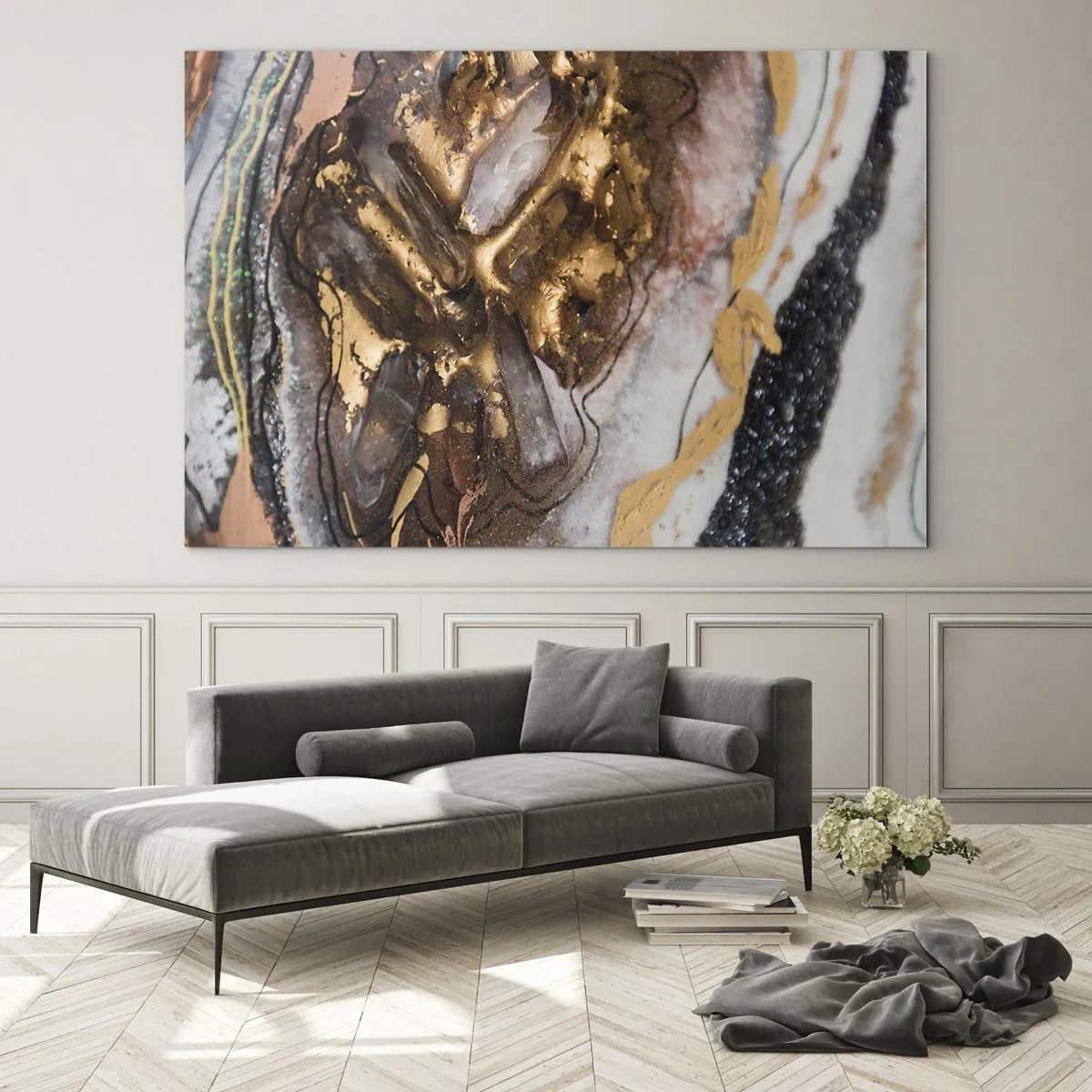 Impression sur verre - Image sur verre - Une peinture abstraite dans des tons d'or, de marron et de blanc avec une texture minérale. - 70x50cm - Élément de la terre - Décoration murale moderne pour le salon et la chambre ARTTOR