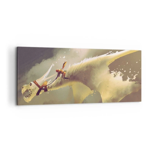 Impression sur toile - Image sur toile - Illustration d'un cavalier de dragon dans un paysage nuageux fantastique - 120x50cm - Le monde à la rescousse - Décoration murale moderne pour le salon et la chambre ARTTOR