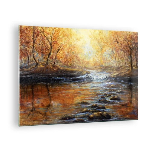 Impression sur verre - Image sur verre - Un ruisseau doré dans la forêt entouré d'arbres d'automne - 70x50cm - Le ruisseau d'or - Décoration murale moderne pour le salon et la chambre ARTTOR