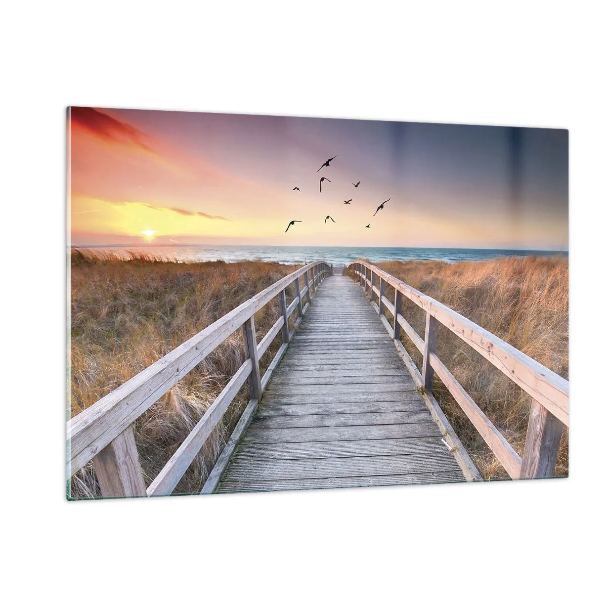 Impression sur verre - Image sur verre - Une passerelle en bois sur les dunes menant à la plage au coucher du soleil - 120x80cm - Envol des espaces - Décoration murale moderne pour le salon et la chambre ARTTOR