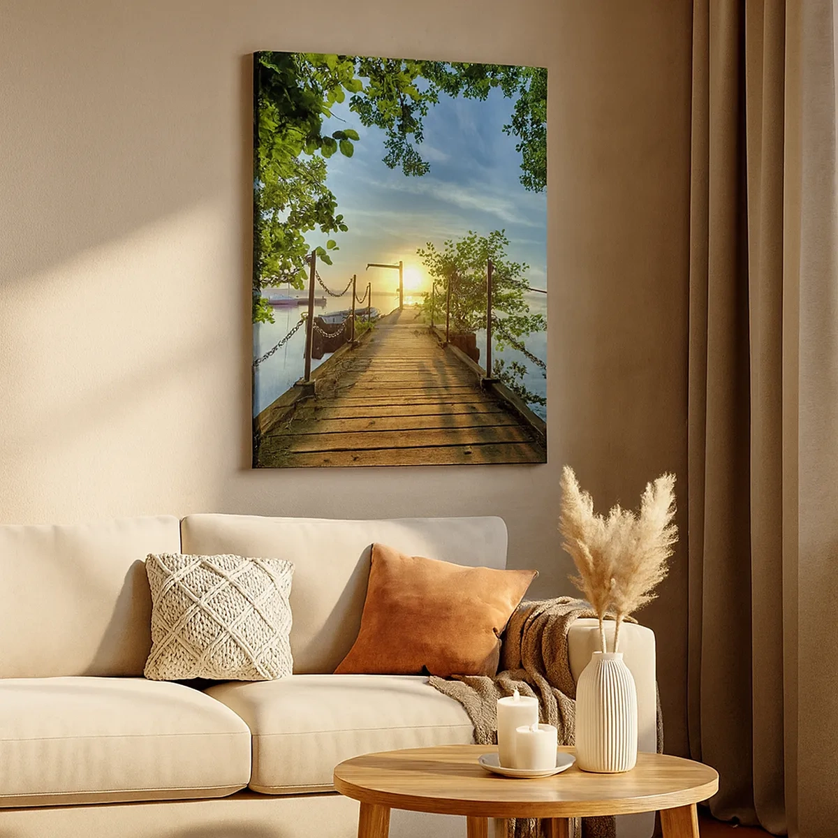 Impression sur toile - Image sur toile - Une jetée sur le lac dans les rayons du soleil couchant - 50x70cm - L'ouest au-dessus de l'eau - Décoration murale moderne pour le salon et la chambre ARTTOR