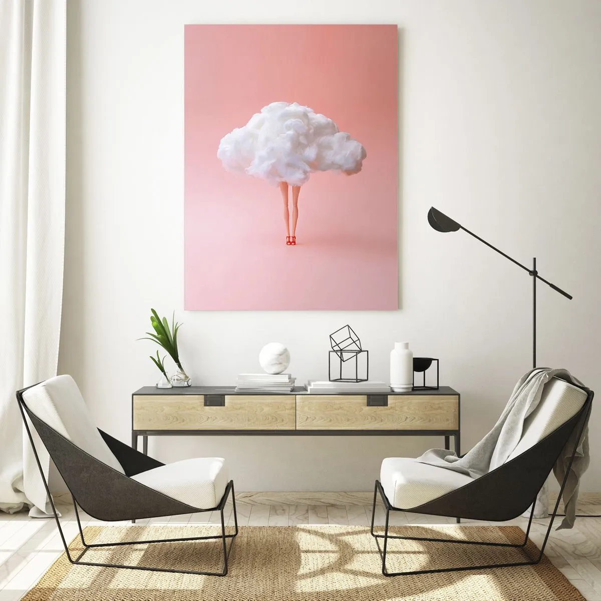 Impression sur verre - Image sur verre - Une silhouette de femme avec un nuage au lieu d'une robe sur un fond rose pastel. - 50x70cm - Douce promesse - Décoration murale moderne pour le salon et la chambre ARTTOR