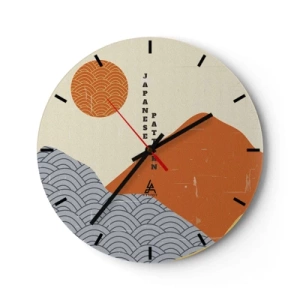 Horloge murale - Pendule murale - Motifs graphiques japonais avec montagnes, soleil et vagues - 30x30cm - Dans l'esprit japonais - Décoration murale moderne pour le salon, la cuisine et la chambre ARTTOR
