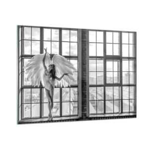 Impression sur verre - Image sur verre - Ballerine avec des ailes d'ange en noir et blanc - 100x70cm - La ville des anges? - Décoration murale moderne pour le salon et la chambre ARTTOR