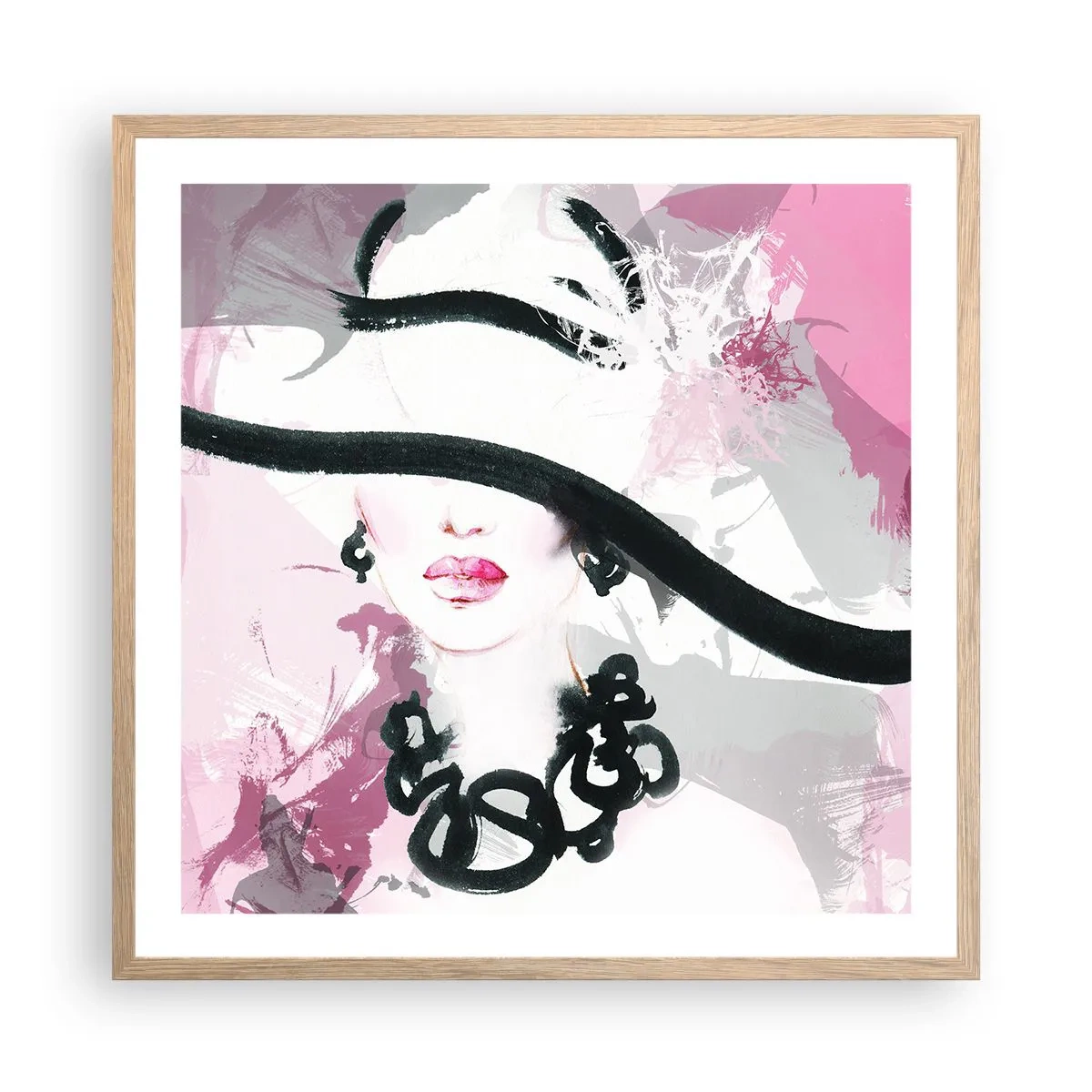 Affiche dans un chêne clair - Poster - Portrait d'une dame en noir et rose - 60x60 cm