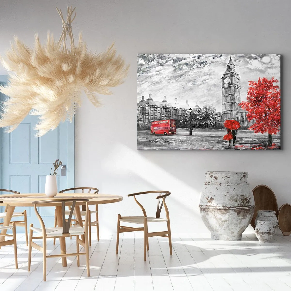Impression sur toile - Image sur toile - Vue emblématique de Londres avec Big Ben, un bus rouge et un parapluie - 70x50cm - Une journée passionnante - Décoration murale moderne pour le salon et la chambre ARTTOR