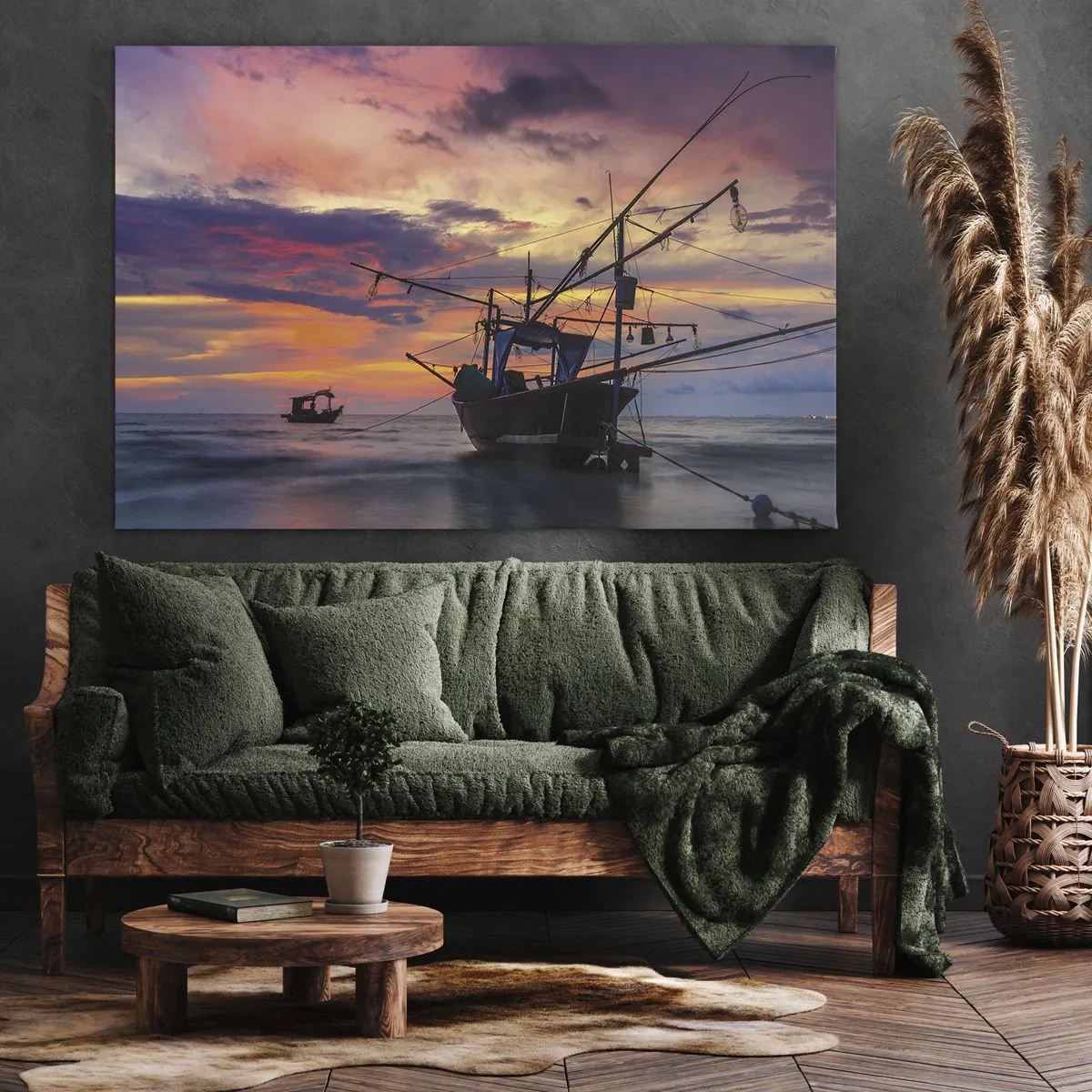 Impression sur toile - Image sur toile - Un bateau de pêche sur fond de coucher de soleil coloré - 120x80cm - Soirée exotique - Décoration murale moderne pour le salon et la chambre ARTTOR