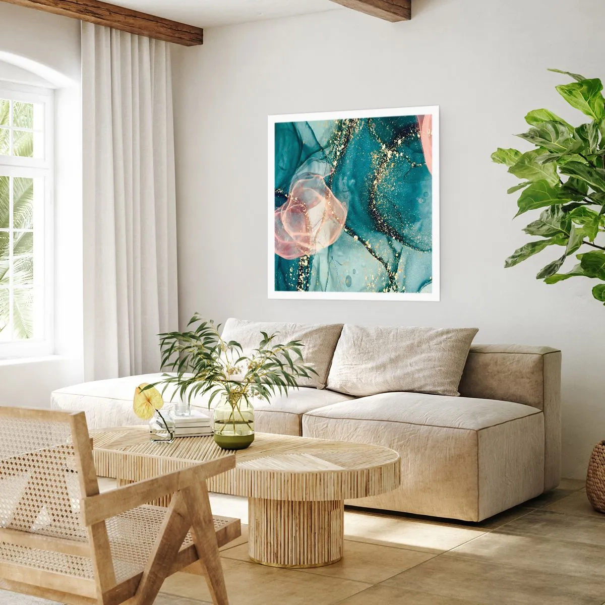 Affiche - Poster - Soie bleu, tulle rose - 60x60 cm