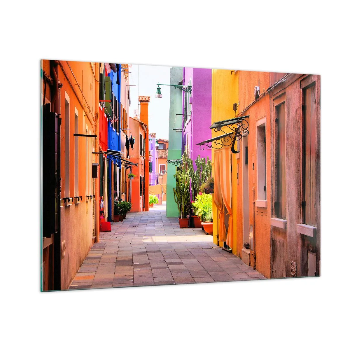 Impression sur verre - Image sur verre - Une rue colorée avec des immeubles aux tons chauds - 100x70cm - Allée arc-en-ciel - Décoration murale moderne pour le salon et la chambre ARTTOR