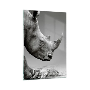Impression sur verre - Image sur verre - Portrait d'un rhinocéros sur fond de désert gris - 70x100cm - Force inarrêtable - Décoration murale moderne pour le salon et la chambre ARTTOR