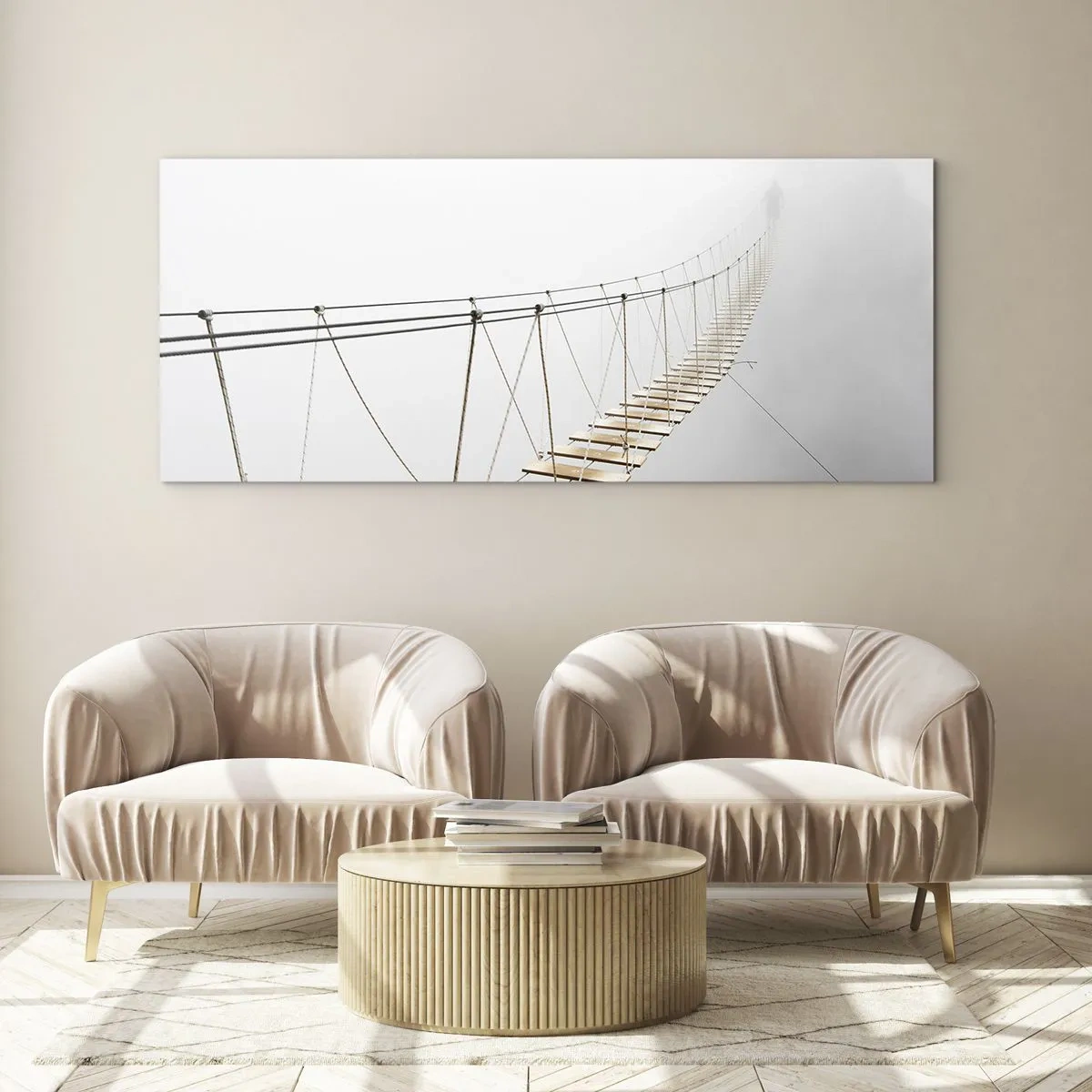 Impression sur verre - Image sur verre - Un pont suspendu dans le brouillard vu d'une perspective minimaliste - 140x50cm - Où cela va-t-il te mener? - Décoration murale moderne pour le salon et la chambre ARTTOR