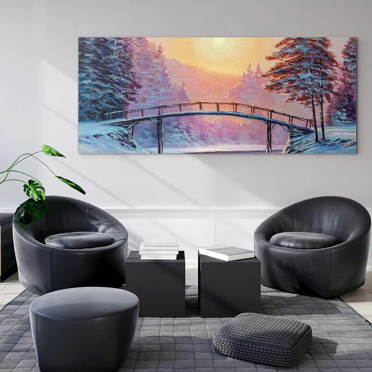 Impression sur verre - Image sur verre - Paysage d'hiver avec un pont illuminé par le coucher du soleil - 160x50cm - Quatre saisons - hiver - Décoration murale moderne pour le salon et la chambre ARTTOR