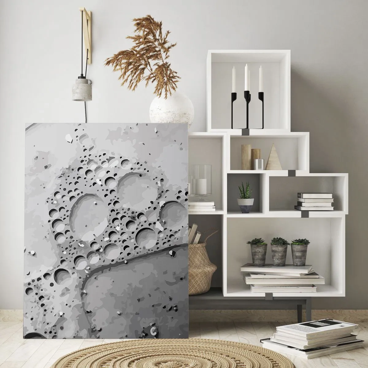 Impression sur verre - Image sur verre - Motif de bulles abstrait sur la surface dans des tons de gris - 50x70cm - Sentier de mousse - Décoration murale moderne pour le salon et la chambre ARTTOR