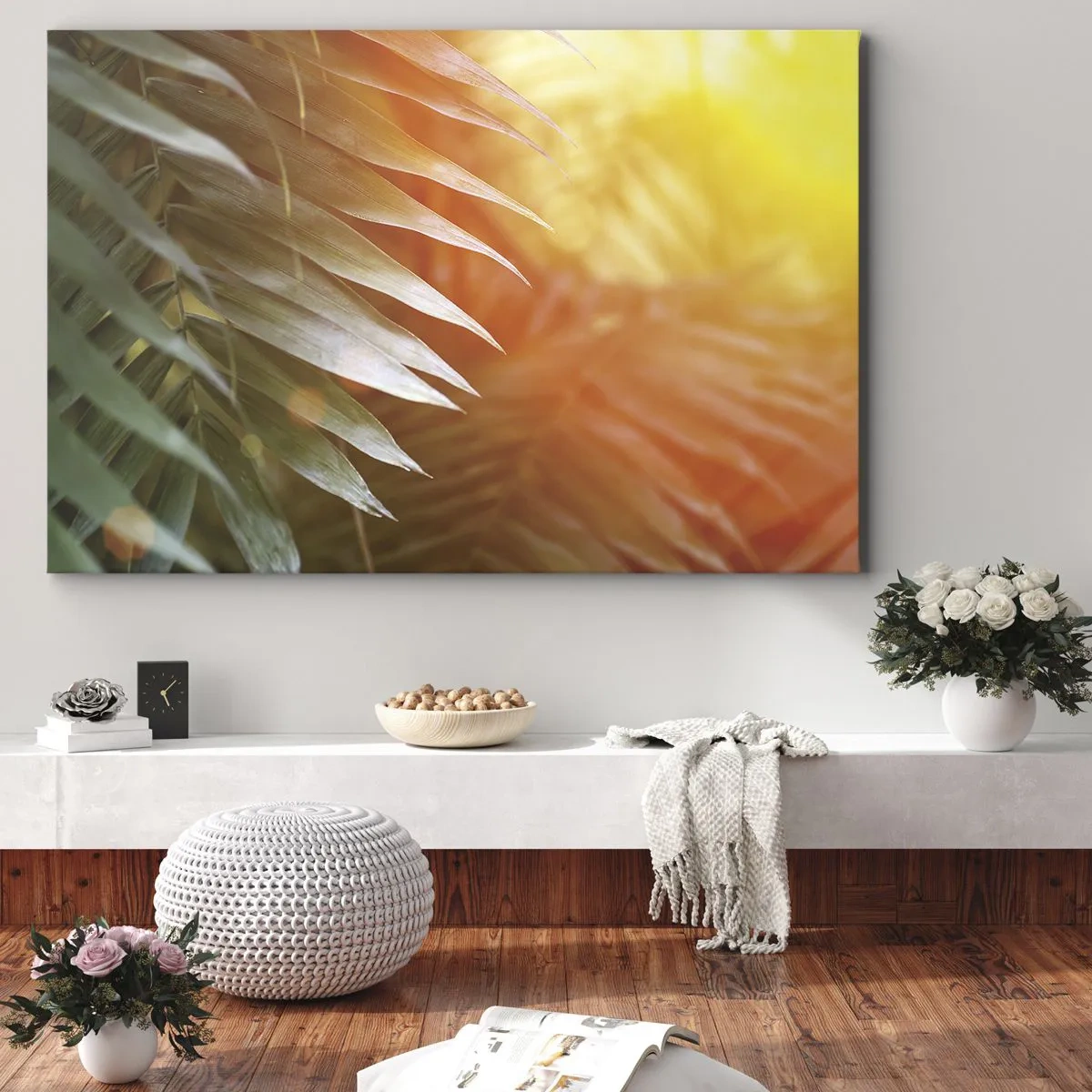 Impression sur toile - Image sur toile - Feuilles de palmier dans les rayons du soleil couchant - 120x80cm - Matinée dans la jungle - Décoration murale moderne pour le salon et la chambre ARTTOR