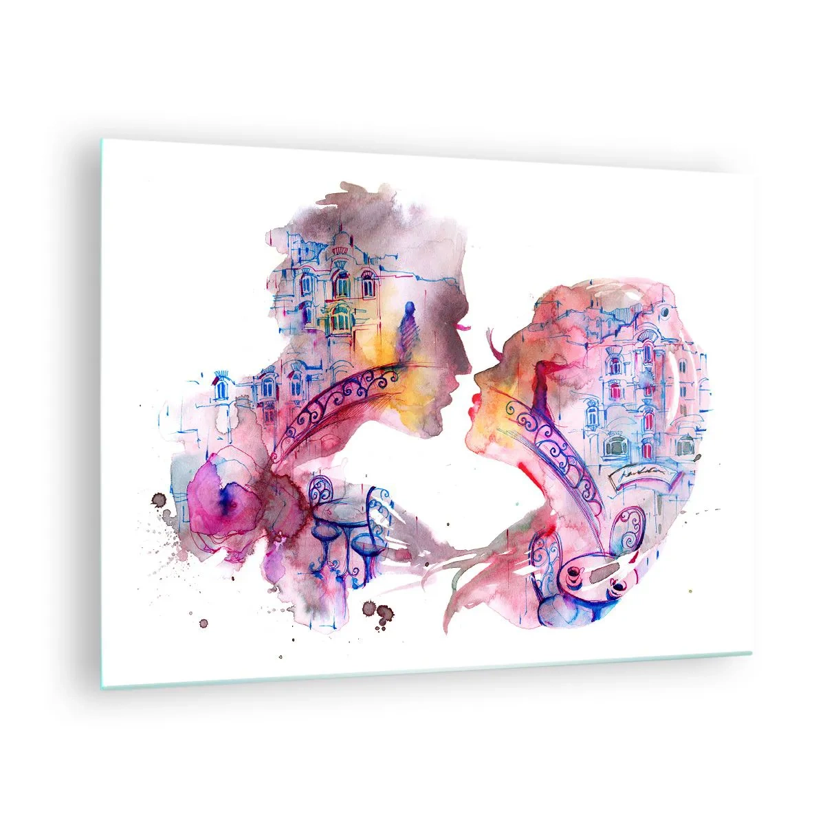 Impression sur verre - Image sur verre - Illustration d'un portrait abstrait de deux personnes en forme de cœur - 70x50cm - Le pont secret des soupirs - Décoration murale moderne pour le salon et la chambre ARTTOR