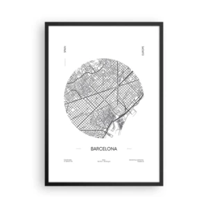 Affiche dans un cadre noir - Poster - Une carte minimaliste de Barcelone en noir et blanc. - 50x70cm - Anatomie de Barcelone - Décoration murale moderne pour le salon et la chambre ARTTOR