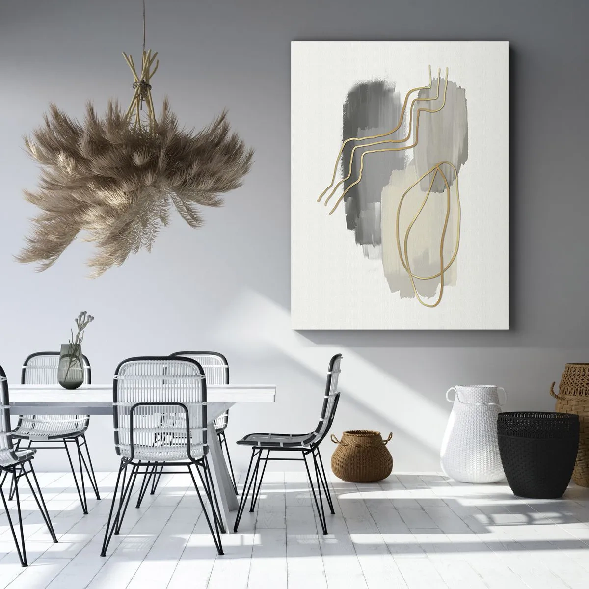 Impression sur toile - Image sur toile - Lignes dorées abstraites sur fond gris - 80x120cm - Durée et mouvement - Décoration murale moderne pour le salon et la chambre ARTTOR