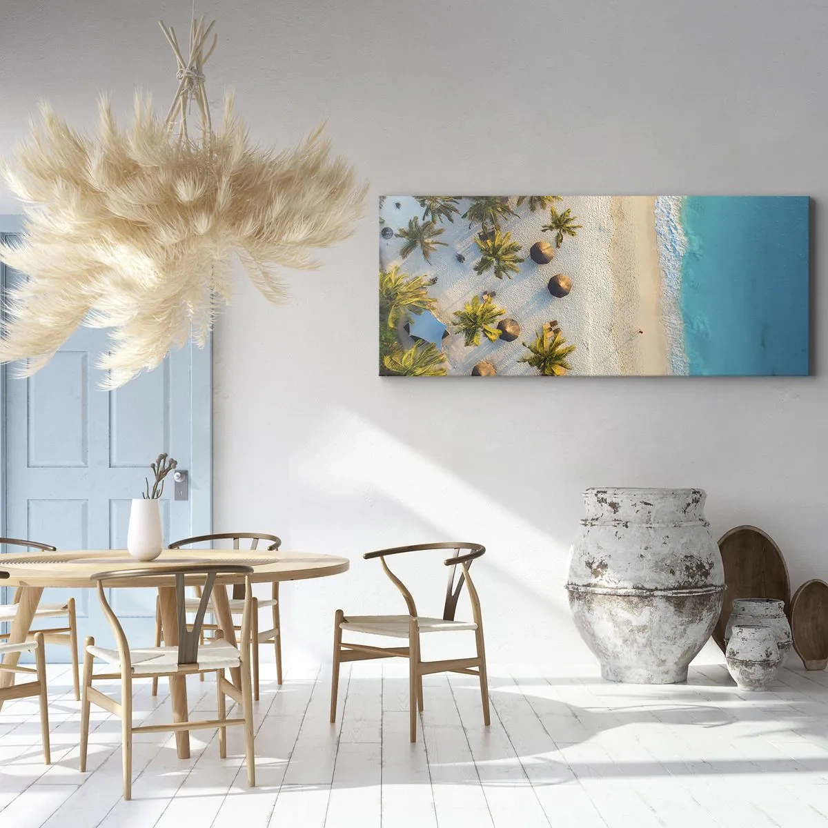 Impression sur toile - Image sur toile - Vue d'une plage tropicale avec des palmiers et une mer turquoise - 160x50cm - Bienvenue au paradis - Décoration murale moderne pour le salon et la chambre ARTTOR