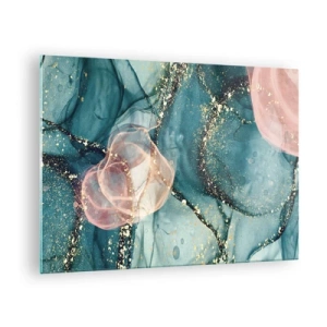 Impression sur verre - Image sur verre - Formes abstraites en bleu et rose avec des détails dorés - 70x50cm - Soie bleu, tulle rose - Décoration murale moderne pour le salon et la chambre ARTTOR