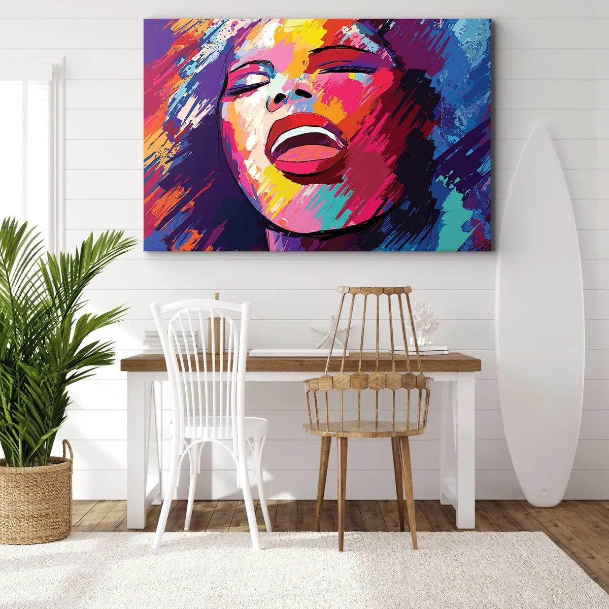 Impression sur toile - Image sur toile - Portrait abstrait d'une femme aux couleurs vives - 70x50cm - Chante toute ma vie - Décoration murale moderne pour le salon et la chambre ARTTOR