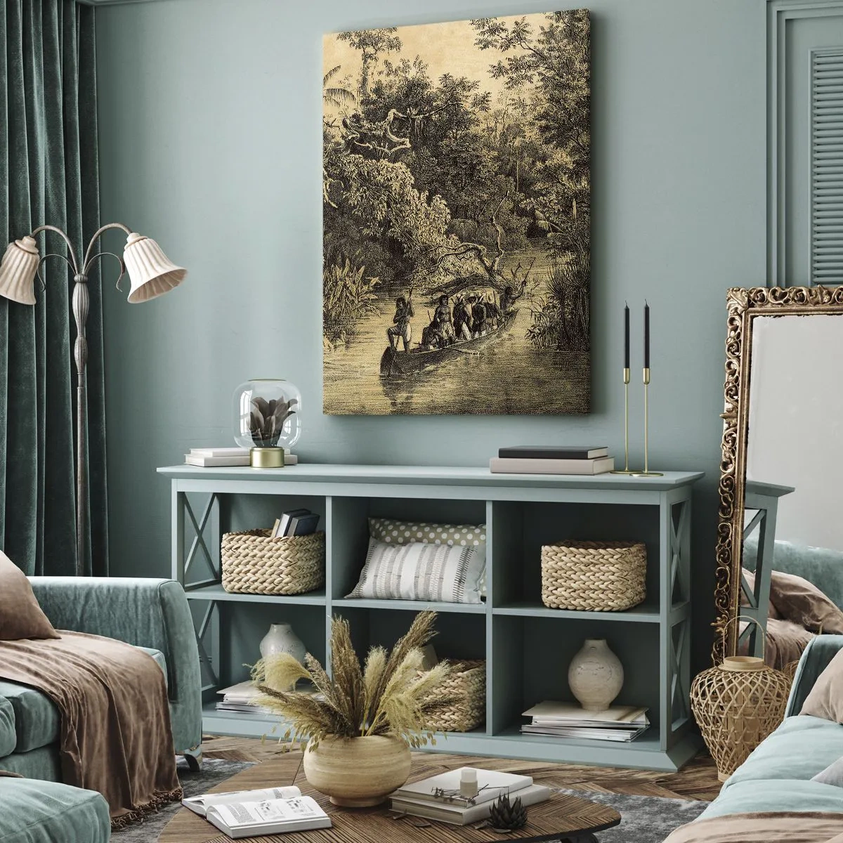 Impression sur toile - Image sur toile - Dessin d'une jungle avec un bateau sur une rivière - 50x70cm - Expédition à la source - Décoration murale moderne pour le salon et la chambre ARTTOR
