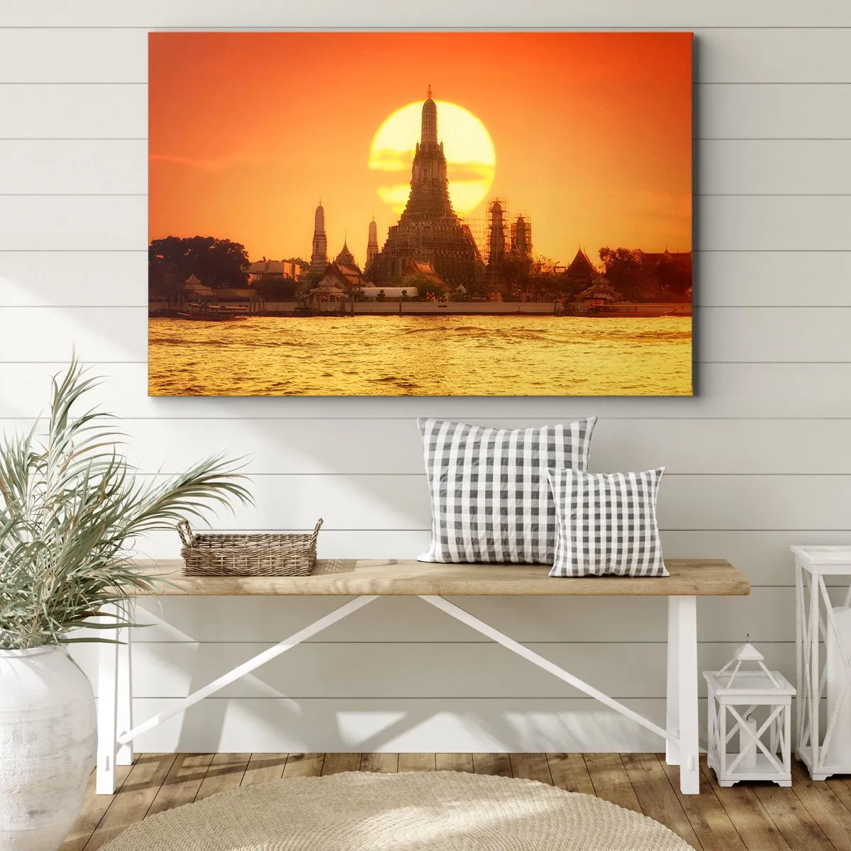 Impression sur toile - Image sur toile - Coucher de soleil sur le temple avec reflet dans l'eau - 100x70cm - Vers le soleil, toujours vers le soleil - Décoration murale moderne pour le salon et la chambre ARTTOR