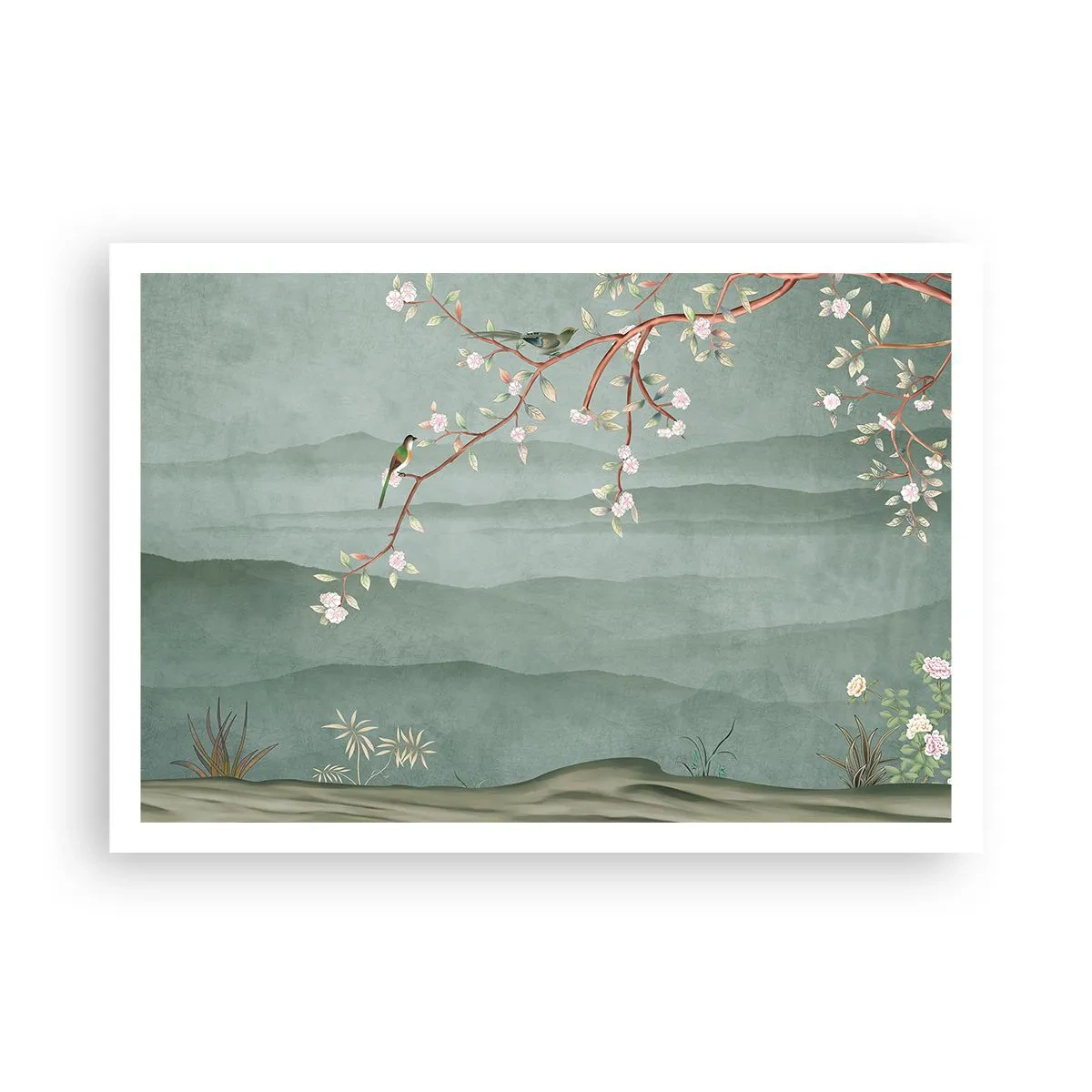 Affiche - Poster - Une image pittoresque d'une branche d'arbre en fleurs avec des oiseaux sur fond de collines verdoyantes. - 100x70cm - Printemps oh c'est toi - Décoration murale moderne pour le salon et la chambre ARTTOR