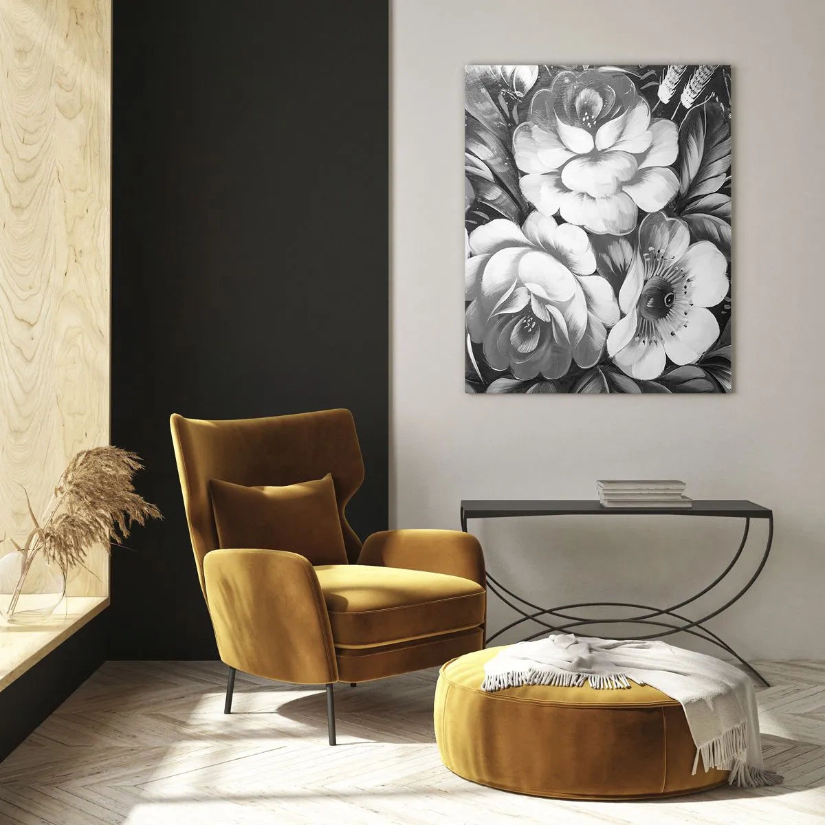 Impression sur verre - Image sur verre - Fleurs noires et blanches dans une composition classique et élégante - 80x120cm - Belle même en gris - Décoration murale moderne pour le salon et la chambre ARTTOR