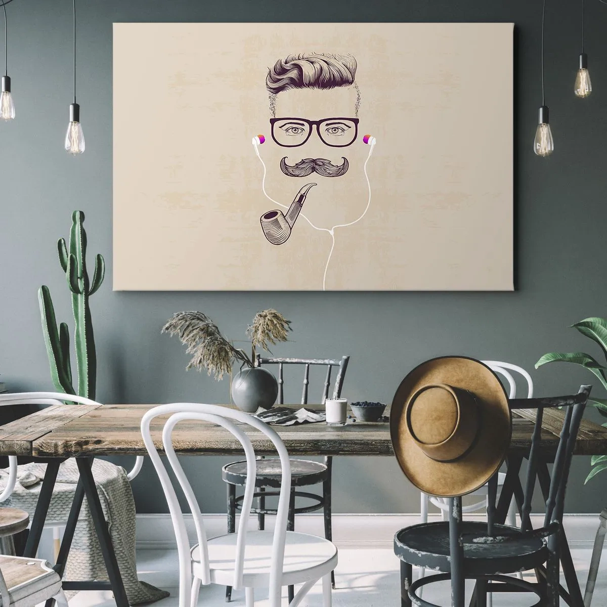 Impression sur toile - Image sur toile - Portrait rétro d'un homme avec une pipe, des écouteurs et des lunettes - 100x70cm - Un vrai homme? - Décoration murale moderne pour le salon et la chambre ARTTOR
