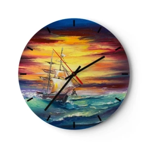 Horloge murale - Pendule murale - Un voilier dans une mer agitée au coucher du soleil - 30x30cm - Courageusement sous les vagues - Décoration murale moderne pour le salon, la cuisine et la chambre ARTTOR