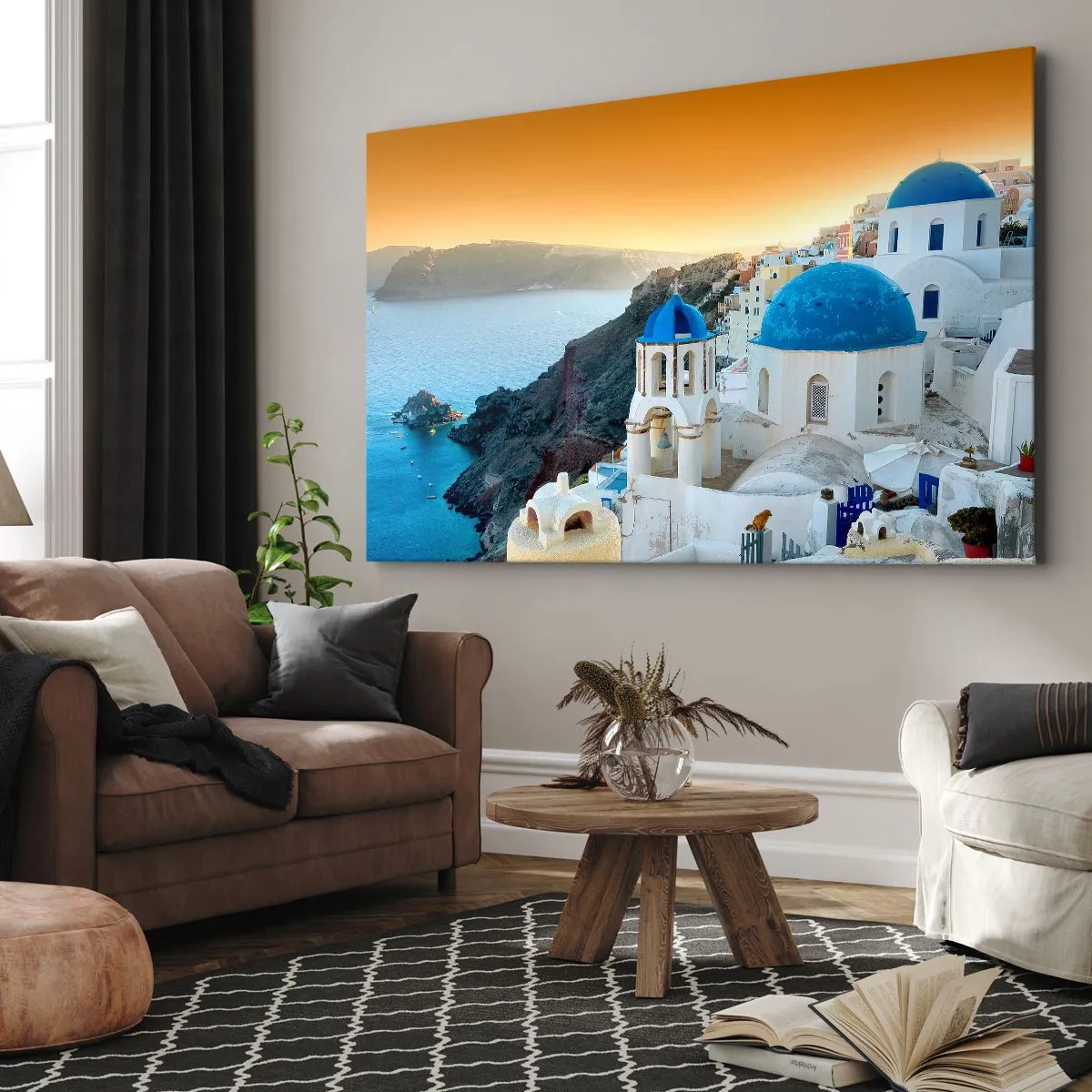 Impression sur toile - Image sur toile - Vue de Santorin avec des bâtiments blancs et une mer bleue - 100x70cm - Santorin - blotti contre les rochers - Décoration murale moderne pour le salon et la chambre ARTTOR