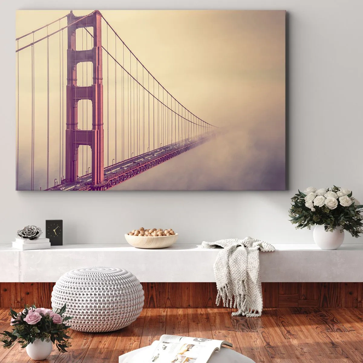 Impression sur toile - Image sur toile - Un pont dans le brouillard aux tons pastel, symbole d'élégance et de paix - 120x80cm - Entre ciel et terre - Décoration murale moderne pour le salon et la chambre ARTTOR