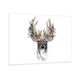 Impression sur verre - Image sur verre - Portrait d'un cerf avec des décorations de Noël, des branches et des baies - 100x70cm - En robe de fête - Décoration murale moderne pour le salon et la chambre ARTTOR