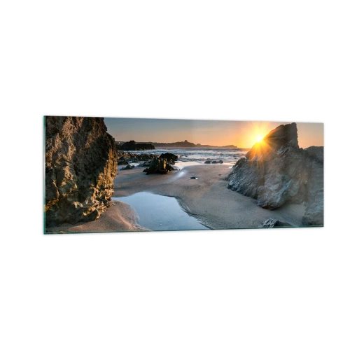 Impression sur verre - Image sur verre - Coucher de soleil pittoresque sur une plage rocheuse - 140x50cm - Intouché par la main de l'homme - Décoration murale moderne pour le salon et la chambre ARTTOR