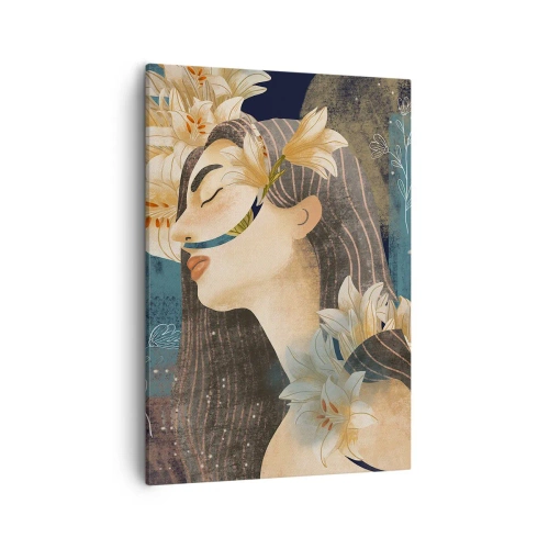 Impression sur toile - Image sur toile - Portrait d'une femme avec des fleurs dans un style artistique sur fond sombre - 50x70cm - Conte de fée sur la princesse lilas - Décoration murale moderne pour le salon et la chambre ARTTOR