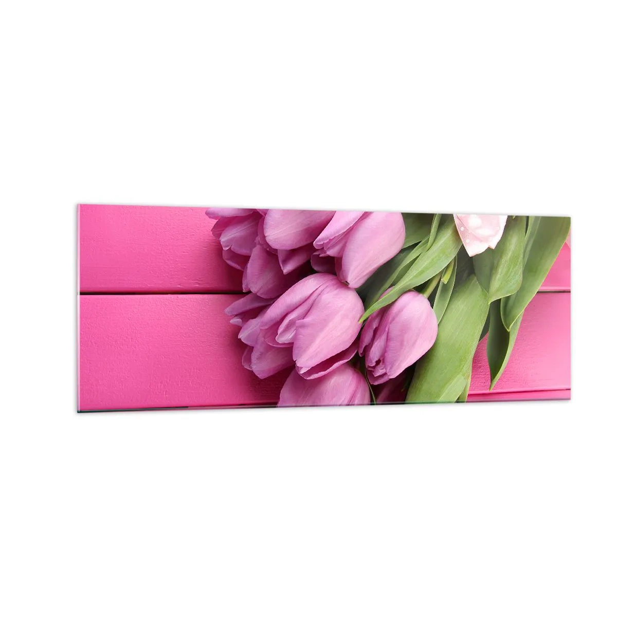 Impression sur verre - Image sur verre - Un bouquet de tulipes roses avec un nœud sur un fond rose - 140x50cm - Juste pour toi - Décoration murale moderne pour le salon et la chambre ARTTOR