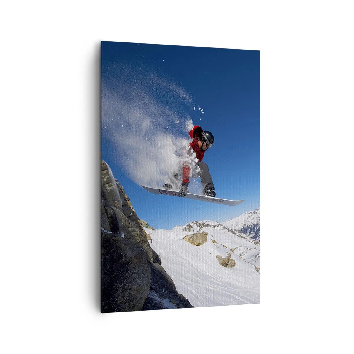 Impression sur toile - Image sur toile - Un snowboarder saute d'un rocher dans un paysage montagneux - 80x120cm - Et tu es devenu une partie de l'espace - Décoration murale moderne pour le salon et la chambre ARTTOR